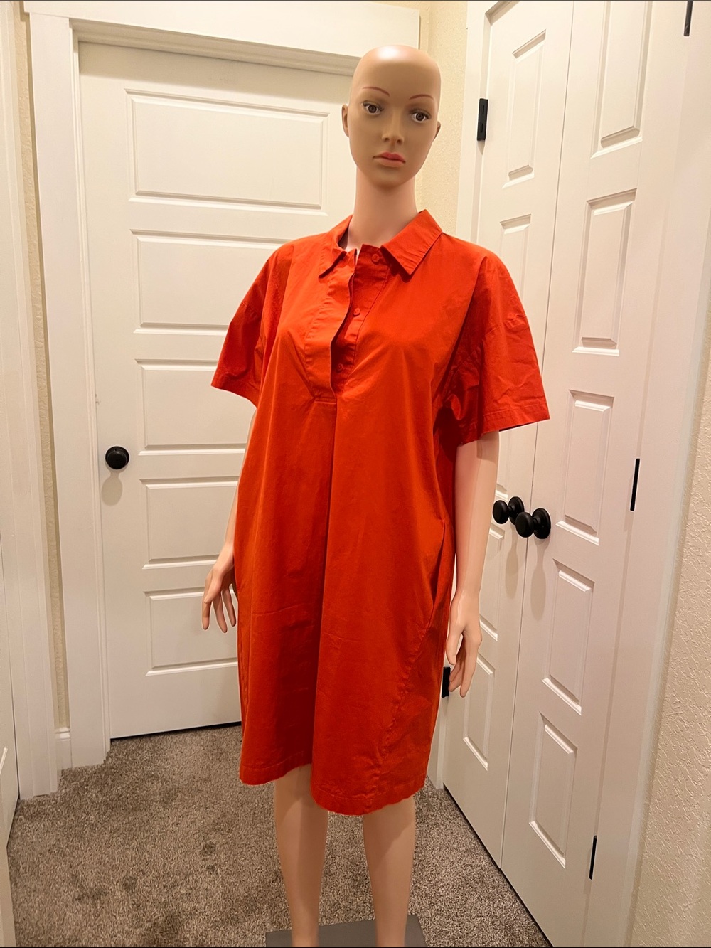 Eileen Fisher Vibrant Orange Collared Button-Down Dress Organic Cotton